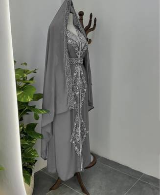 Grey Silver stone and  Beads  Moroccan Kaftan With hijab  5