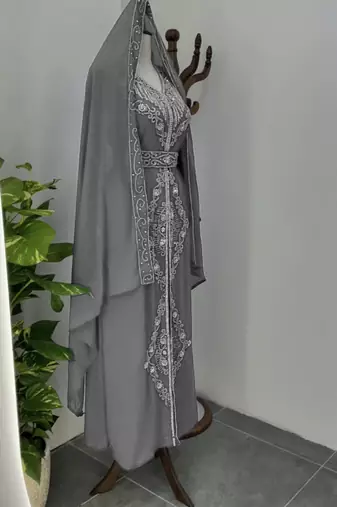 Grey Silver stone and  Beads  Moroccan Kaftan With hijab 