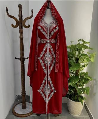 Maroon Silver stone and  Beads  Moroccan Kaftan With hijab  1