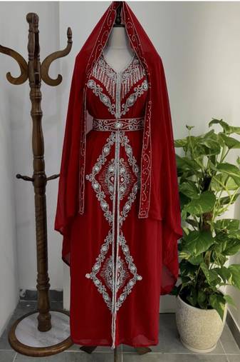 Maroon Silver stone and  Beads  Moroccan Kaftan With hijab 