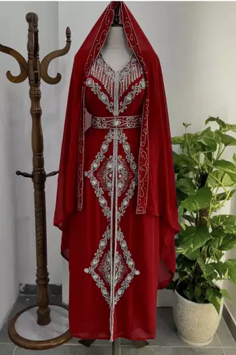 Maroon Silver stone and  Beads  Moroccan Kaftan With hijab 