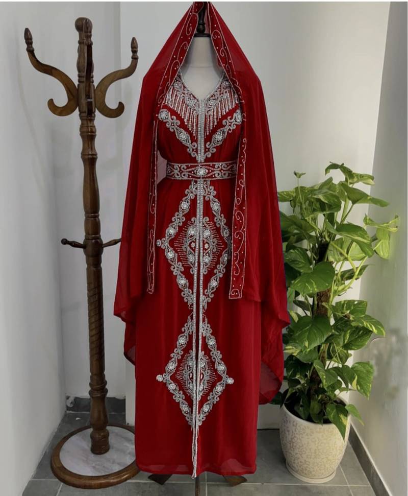 Maroon Silver stone and  Beads  Moroccan Kaftan With hijab 