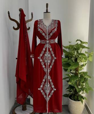 Maroon Silver stone and  Beads  Moroccan Kaftan With hijab  2