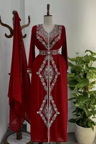 Maroon Silver stone and  Beads  Moroccan Kaftan With hijab 