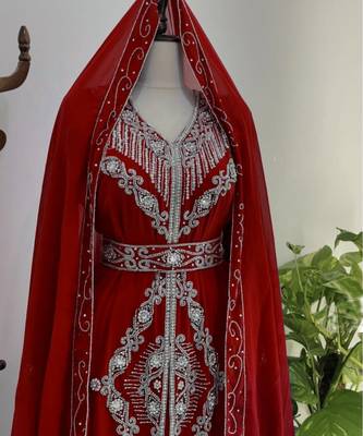 Maroon Silver stone and  Beads  Moroccan Kaftan With hijab  3