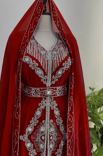 Maroon Silver stone and  Beads  Moroccan Kaftan With hijab 