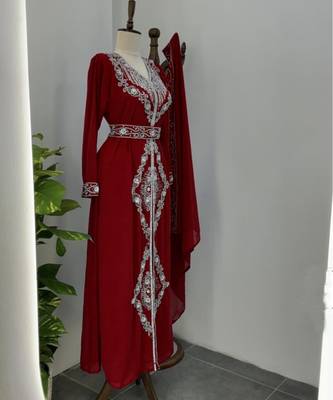Maroon Silver stone and  Beads  Moroccan Kaftan With hijab  4