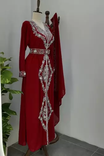 Maroon Silver stone and  Beads  Moroccan Kaftan With hijab 