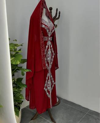 Maroon Silver stone and  Beads  Moroccan Kaftan With hijab  5