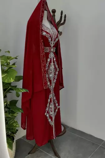 Maroon Silver stone and  Beads  Moroccan Kaftan With hijab 