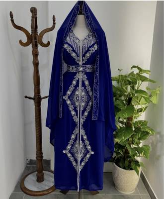 Navy Blue Silver stone and  Beads  Moroccan Kaftan With hijab  1
