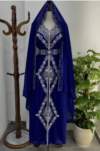 Navy Blue Silver stone and  Beads  Moroccan Kaftan With hijab 