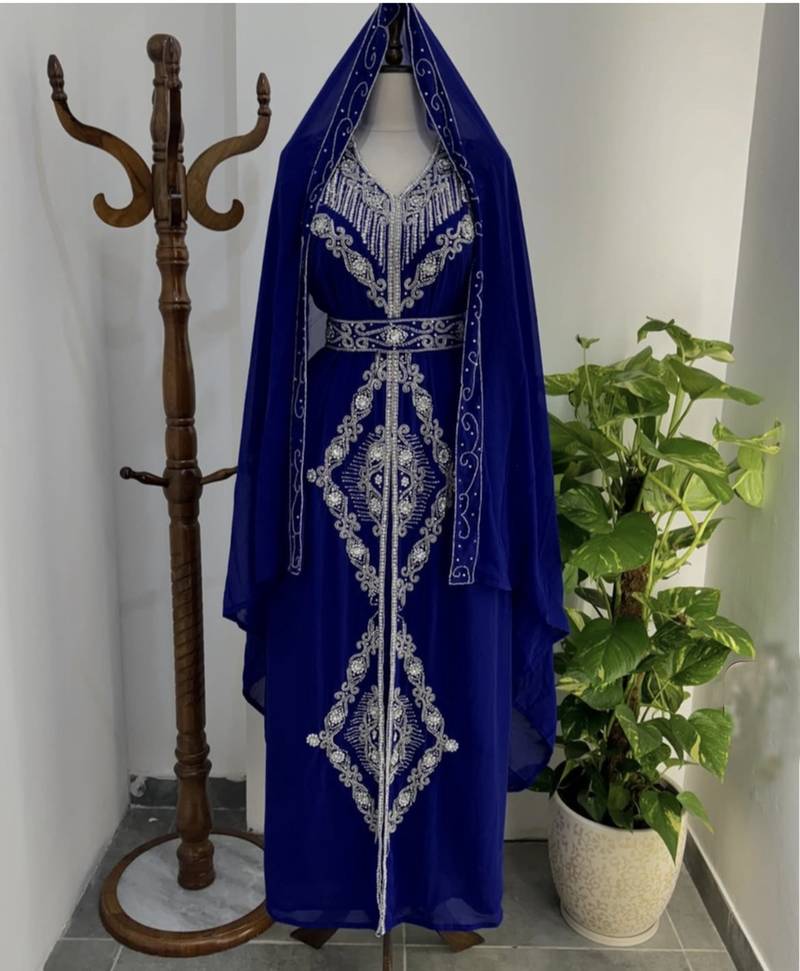 Navy Blue Silver stone and  Beads  Moroccan Kaftan With hijab 