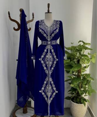 Navy Blue Silver stone and  Beads  Moroccan Kaftan With hijab  2