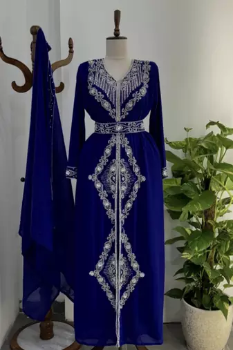 Navy Blue Silver stone and  Beads  Moroccan Kaftan With hijab 