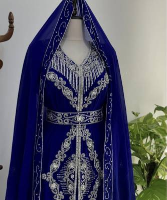 Navy Blue Silver stone and  Beads  Moroccan Kaftan With hijab  3