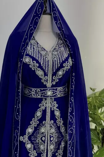 Navy Blue Silver stone and  Beads  Moroccan Kaftan With hijab 