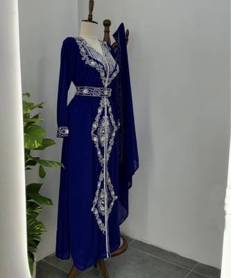 Navy Blue Silver stone and  Beads  Moroccan Kaftan With hijab  4
