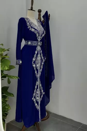 Navy Blue Silver stone and  Beads  Moroccan Kaftan With hijab 