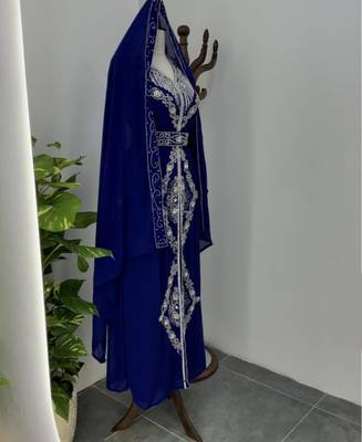 Navy Blue Silver stone and  Beads  Moroccan Kaftan With hijab  5