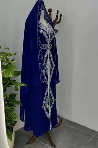Navy Blue Silver stone and  Beads  Moroccan Kaftan With hijab 