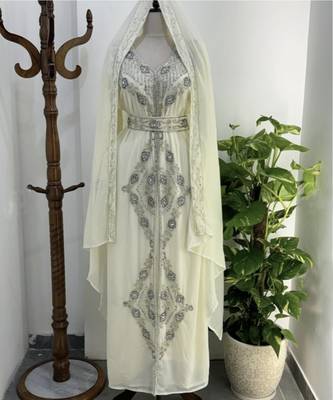 Off-White Silver stone and  Beads  Moroccan Kaftan With hijab  1