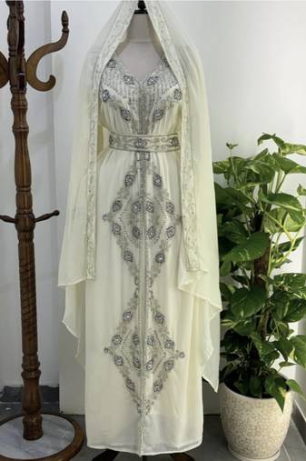 Off-White Silver stone and  Beads  Moroccan Kaftan With hijab 