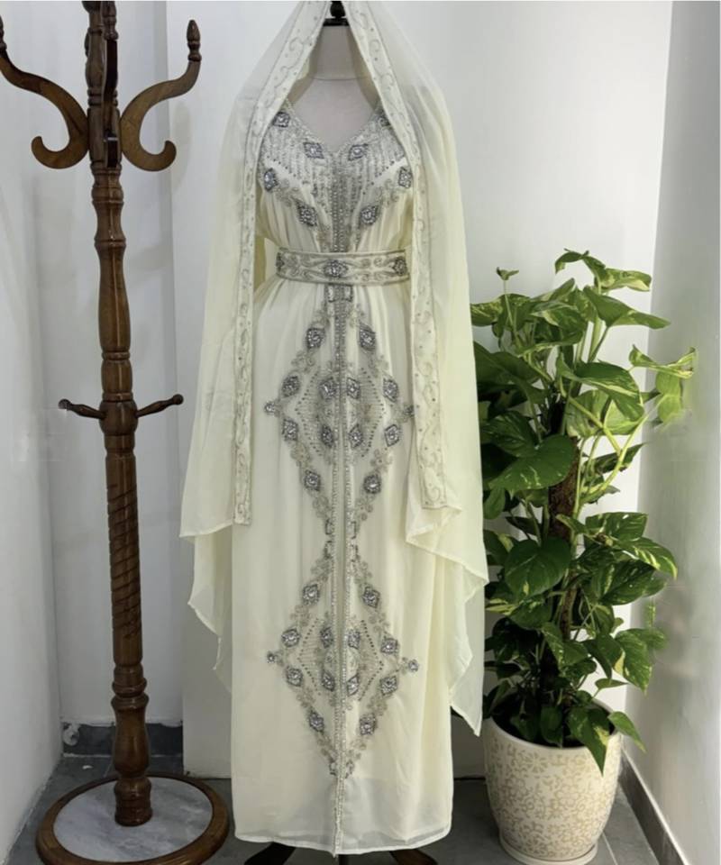 Off-White Silver stone and  Beads  Moroccan Kaftan With hijab 