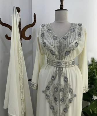 Off-White Silver stone and  Beads  Moroccan Kaftan With hijab  2
