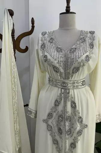 Off-White Silver stone and  Beads  Moroccan Kaftan With hijab 