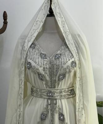 Off-White Silver stone and  Beads  Moroccan Kaftan With hijab  3