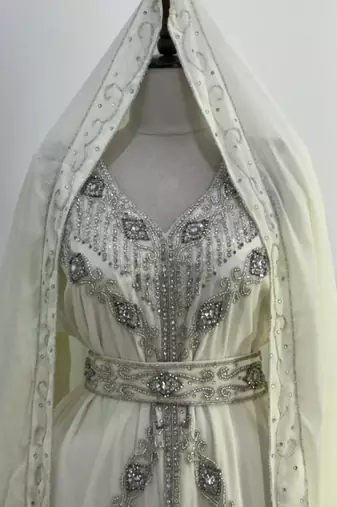 Off-White Silver stone and  Beads  Moroccan Kaftan With hijab 