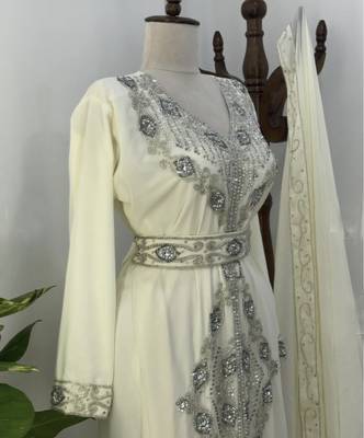 Off-White Silver stone and  Beads  Moroccan Kaftan With hijab  4
