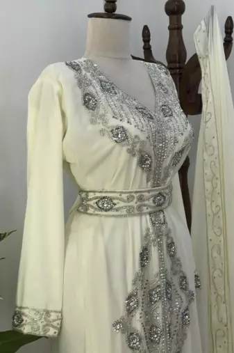 Off-White Silver stone and  Beads  Moroccan Kaftan With hijab 