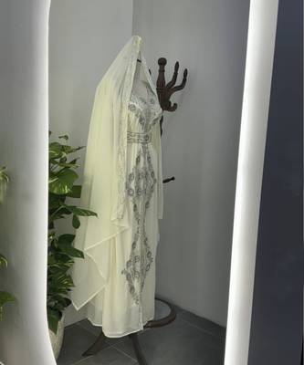 Off-White Silver stone and  Beads  Moroccan Kaftan With hijab  5