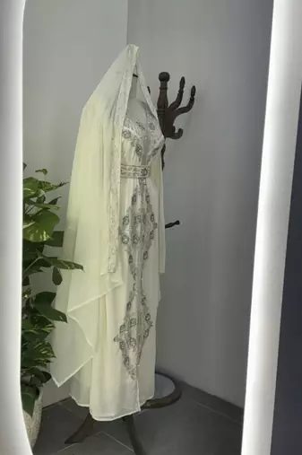 Off-White Silver stone and  Beads  Moroccan Kaftan With hijab 