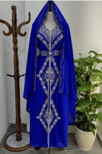 Royal blue Silver stone and  Beads  Moroccan Kaftan With hijab 