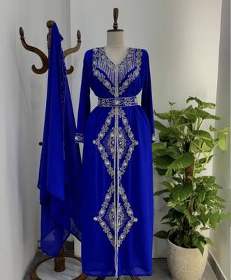 Royal blue Silver stone and  Beads  Moroccan Kaftan With hijab  2