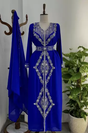 Royal blue Silver stone and  Beads  Moroccan Kaftan With hijab 