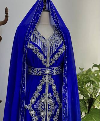 Royal blue Silver stone and  Beads  Moroccan Kaftan With hijab  3
