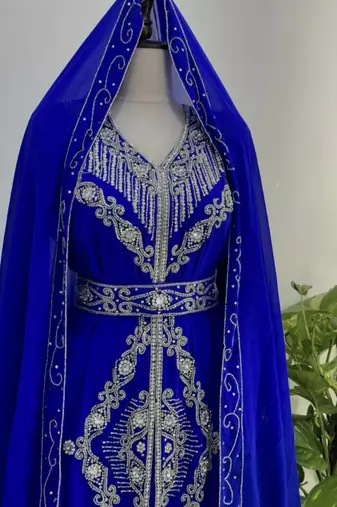 Royal blue Silver stone and  Beads  Moroccan Kaftan With hijab 