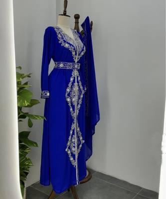 Royal blue Silver stone and  Beads  Moroccan Kaftan With hijab  4