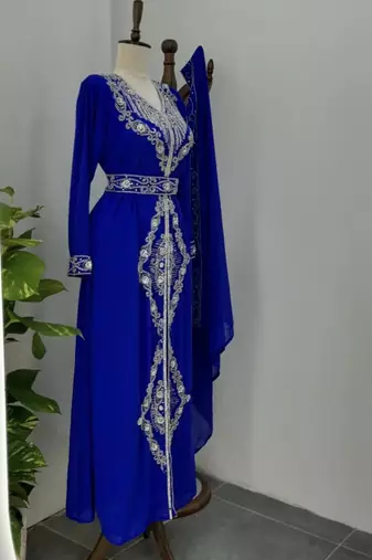 Royal blue Silver stone and  Beads  Moroccan Kaftan With hijab 