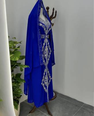 Royal blue Silver stone and  Beads  Moroccan Kaftan With hijab  5