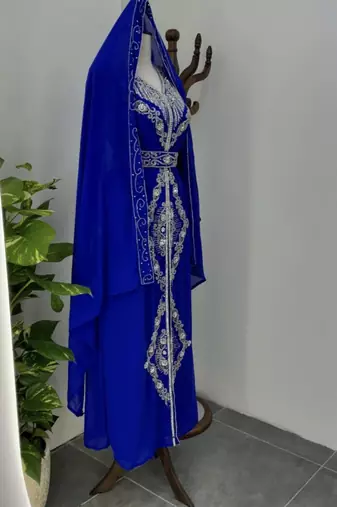 Royal blue Silver stone and  Beads  Moroccan Kaftan With hijab 