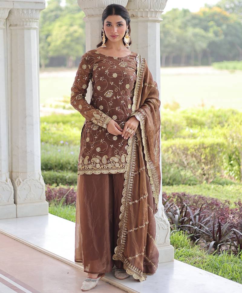 Coffee Embroidered salwar suit with dupatta