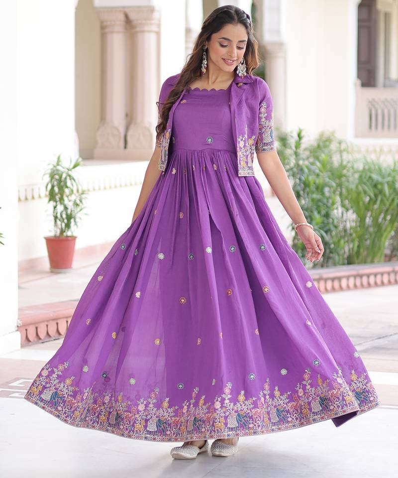 Purple sequins Zari embroidered Kurti