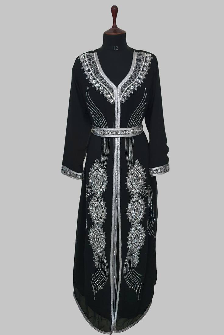 Black Silver stone and  Beads  Moroccan Kaftan With hijab 