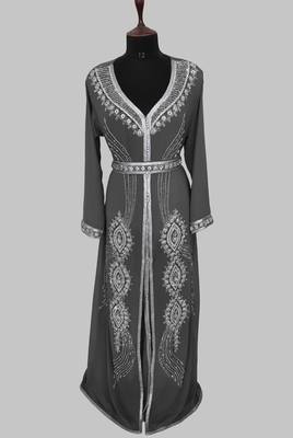 Grey Silver stone and  Beads  Moroccan Kaftan With hijab  1