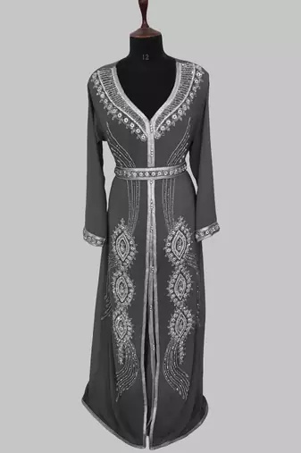 Grey Silver stone and  Beads  Moroccan Kaftan With hijab 
